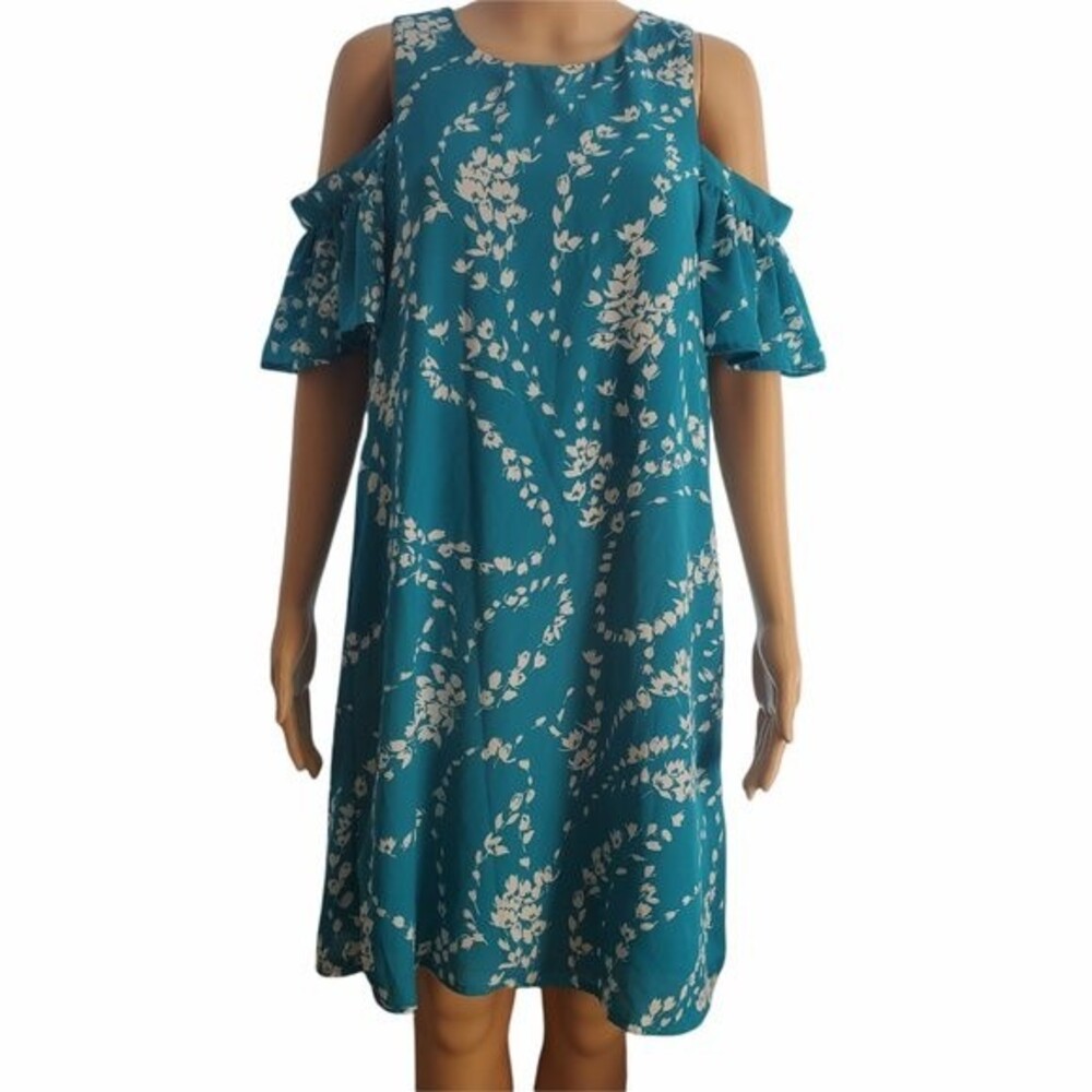 City Chic Teal Floral Cold Shoulder Flutter Sleeve Dress sz 10